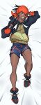  1boy arm_behind_head artist_name bed_sheet black_footwear black_hair black_hoodie blue_shorts clenched_teeth commentary commission dakimakura_(medium) dark_skin dark_skinned_male dynamax_band earrings full_body gloves green_eyes gym_leader highres hood hoodie jewelry knees kyonart looking_at_viewer lying male_focus number on_back orange_headwear partially_fingerless_gloves pokemon pokemon_(game) pokemon_swsh raihan_(pokemon) shoes shorts side_slit side_slit_shorts smile solo teeth undercut v 