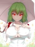 1girl bangs breasts cleavage_cutout closed_mouth clothing_cutout collared_shirt eyebrows_visible_through_hair green_hair hair_between_eyes hand_on_own_chest holding holding_umbrella kazami_yuuka large_breasts long_sleeves looking_at_viewer open_mouth plaid red_eyes renetan shirt short_hair smile solo touhou umbrella upper_body white_shirt white_umbrella 