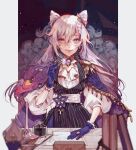  1girl alternate_costume artist_name blurry blurry_foreground book double_bun genshin_impact gloves hair_between_eyes hair_cones hair_ornament highres ink jewelry keqing_(genshin_impact) long_hair purple_hair russian_commentary saiprin solo twintails violet_eyes 