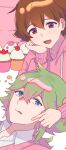  2boys :d bangs blue_eyes blush cardigan collarbone collared_shirt cupcake food green_hair hair_between_eyes head_rest highres hilbert_(pokemon) hood hoodie long_sleeves lying male_focus multiple_boys n_(pokemon) on_back open_mouth p_(flavorppp) pink_cardigan pink_hoodie pokemon pokemon_(game) pokemon_bw shirt smile tongue tongue_out white_shirt 