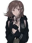  1girl arm_grab backpack bag bangs black_jacket black_shirt brown_eyes brown_hair brown_skirt collared_shirt cowboy_shot dangan_ronpa_(series) dangan_ronpa_2:_goodbye_despair flipped_hair hair_ornament hairclip hand_on_own_chest highres hood jacket long_sleeves looking_at_viewer nanami_chiaki open_clothes open_jacket pink_ribbon pleated_skirt renshu_usodayo ribbon shirt shirt_tucked_in simple_background skirt solo spaceship_hair_ornament upper_body white_background white_shirt 