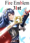  1girl armor blue_eyes blue_hair bug butterfly cape falchion_(fire_emblem) fingerless_gloves fire_emblem fire_emblem_awakening full_body gloves hair_between_eyes highres insect jewelry long_hair looking_at_viewer lucina_(fire_emblem) simple_background smile solo sukkirito_(rangusan) sword tiara weapon 