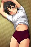  1girl absurdres arms_up bangs black_hair blush brown_eyes buruma closed_mouth eyebrows_visible_through_hair highres leaning_to_the_side looking_at_viewer matsunaga_kouyou navel nose_blush on_floor original red_buruma shirt shirt_lift short_sleeves solo stomach tatami white_shirt 