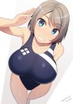  1girl blue_eyes blue_swimsuit breasts competition_swimsuit grey_hair highleg highleg_swimsuit highres large_breasts looking_at_viewer love_live! love_live!_sunshine!! one-piece_swimsuit salute samegami shiny shiny_clothes shiny_hair shiny_skin short_hair solo standing swimsuit watanabe_you 