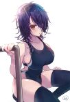  1girl alternate_costume black_legwear black_swimsuit breasts competition_swimsuit highres kantai_collection large_breasts mizoredama1 one-piece_swimsuit purple_hair short_hair sitting solo swimsuit tenryuu_(kancolle) thigh-highs yellow_eyes 