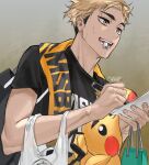  1boy animal_costume bag bangs blonde_hair brown_eyes haikyuu!! highres holding keki_chogyegi male_focus marker miya_atsumu open_mouth paper paper_bag pikachu plastic_bag pokemon short_hair simple_background sportswear sweat teeth teeth_hold twitter_username upper_body volleyball_uniform 