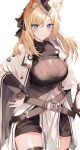  1girl animal_ear_fluff animal_ears arknights bangs belt blonde_hair blue_eyes blush breasts cape commentary_request cowboy_shot eyebrows_visible_through_hair hand_on_hip highres kinona large_breasts long_hair looking_at_viewer partial_commentary simple_background smile solo standing thighs whislash_(arknights) white_background white_cape 