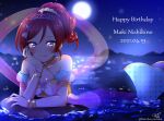  1girl bangs birthday bracelet breasts character_name collarbone commentary_request dated earrings english_text happy_birthday highres jewelry looking_at_viewer love_live! love_live!_school_idol_project mermaid mermaid_costume monster_girl moon night night_sky nishikino_maki ocean ponytail redhead ric_(fwpbox) rock short_hair signature sky small_breasts solo star_(sky) starry_sky twitter_username violet_eyes 