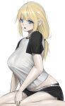  1girl absurdres bangs black_shorts blonde_hair blue_eyes breasts eyebrows_visible_through_hair highres large_breasts long_hair looking_at_viewer midriff norunollu original parted_lips shirt shorts simple_background smile solo white_background white_shirt 