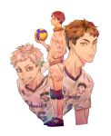  3boys absurdres ball bangs black_hair brown_hair grey_hair grin haikyuu!! hand_in_pocket highres holding holding_ball hoshiumi_kourai jacket kageyama_tobio looking_at_viewer male_focus multiple_boys older outline parted_lips profile shiraumi8351 shoes simple_background smile sneakers sportswear standing teeth ushijima_wakatoshi volleyball_uniform 