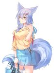 1girl alternate_costume animal_ears arknights bag bangs bare_shoulders blue_skirt braid casual commentary hair_between_eyes hair_ornament hand_up highres holding holding_bag large_tail long_hair looking_at_viewer miniskirt minuo off-shoulder_shirt off_shoulder pleated_skirt provence_(arknights) purple_hair shirt simple_background single_braid skirt smile solo tail white_background wolf_ears wolf_tail yellow_eyes yellow_shirt 