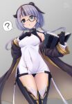  ? asymmetrical_hair azur_lane bearn_(azur_lane) black_hair book boots breasts coat covered_navel holding holding_book monocle multicolored_hair off_shoulder panties purple_hair skin_tight small_breasts thigh-highs thigh_boots underwear violet_eyes waa!_okami 