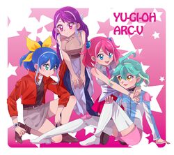  4girls blue_eyes blue_hair bracelet bracelet_girls green_eyes green_hair hiiragi_yuzu kid1215 kurosaki_ruri multicolored_hair orange_eyes pink_eyes pink_hair purple_hair rin_(yuu-gi-ou_arc-v) serena_(yuu-gi-ou_arc-v) yuu-gi-ou yuu-gi-ou_arc-v 