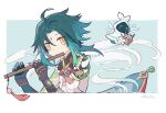  2boys :o ahoge aqua_hair arm_tattoo asymmetrical_clothes barbatos_(genshin_impact) bead_necklace beads dated facial_mark flute forehead genshin_impact gloves green_hair holding holding_instrument instrument jewelry male_focus melanbread multicolored_hair multiple_boys musical_note necklace signature simple_background spikes tassel tattoo two-tone_background venti_(genshin_impact) vision_(genshin_impact) wings xiao_(genshin_impact) yellow_eyes 