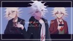  3boys bangs black_background black_jacket blue_background brown_jacket chain chained collar collarbone collared_shirt commentary_request dangan_ronpa_(series) dangan_ronpa_2:_goodbye_despair dangan_ronpa_3_(anime) dangan_ronpa_another_episode:_ultra_despair_girls dated duo_xin formal gloves green_vest grey_eyes grey_hair gun hair_between_eyes happy_birthday highres holding holding_gun holding_weapon hood hood_down hooded_jacket hope&#039;s_peak_academy_school_uniform jacket komaeda_nagito male_focus messy_hair metal_collar multiple_boys multiple_persona necktie official_alternate_costume open_clothes open_jacket print_shirt school_uniform shirt smile striped striped_gloves super_dangan_ronpa_2.5_komaeda_nagito_to_sekai_no_hakaimono upper_body vest weapon white_hair white_shirt 