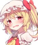  1girl absurdres ascot bangs blonde_hair blush bow commentary eyebrows_visible_through_hair fang flandre_scarlet frilled_sleeves frills hair_between_eyes hanen_(borry) hat highres long_hair looking_at_viewer mob_cap one_side_up open_mouth puffy_short_sleeves puffy_sleeves red_bow red_eyes red_vest shirt short_sleeves side_ponytail simple_background solo sweatdrop touhou upper_body vest white_background white_headwear white_shirt yellow_neckwear 