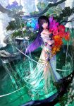  1girl bare_shoulders barefoot black_hair blue_flower bouquet closed_mouth commentary_request dress eyebrows_visible_through_hair fish flower fuzichoco highres holding holding_bouquet leaf looking_at_viewer mountain multicolored_hair no_shoes orange_flower original pool purple_flower purple_hair red_flower see-through_dress solo strapless strapless_dress tagme tree tree_branch two-tone_hair violet_eyes water white_dress 