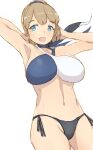  1girl alchera arm_behind_head ascot bikini blue_eyes breasts brown_hair cowboy_shot intrepid_(kancolle) kantai_collection large_breasts mismatched_bikini ponytail short_hair side-tie_bikini simple_background smile solo swimsuit white_background 
