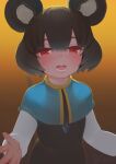  animal_ears black_dress black_hair blue_capelet blush capelet dress highres jewelry long_sleeves looking_at_viewer mouse_ears mouse_tail nazrin necklace open_mouth outstretched_arms pendant red_eyes serakawa short_hair simple_background solo tail touhou 
