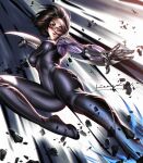  1girl alita arm_blade battle_angel_alita black_hair breasts brown_eyes cyborg debris facial_mark fighting_stance highres liang_xing lips mechanical_arms medium_breasts motion_blur parted_lips science_fiction short_hair solo weapon 