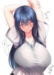  1girl arms_behind_head arms_up bangs black_hair blush breasts closed_eyes closed_mouth collarbone glasses highres jewelry large_breasts long_hair ootori_subaru original pendant shirt sidelocks stretch white_shirt 