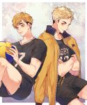  2boys ball bangs blonde_hair border crossed_arms dual_persona haikyuu!! highres holding hqgeo55 jacket jacket_on_shoulders looking_at_viewer looking_away male_focus miya_atsumu multiple_boys older simple_background sitting smile sportswear time_paradox volleyball_uniform yellow_eyes 