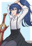  1girl blue_eyes blue_hair blush falchion_(fire_emblem) fire_emblem fire_emblem_awakening gonzarez highres long_hair looking_at_viewer lucina_(fire_emblem) open_mouth pantyhose ponytail school_uniform shirt skirt solo sword tying_hair weapon 