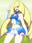  1girl :d absurdres bangs bare_shoulders blonde_hair blue_bow blue_shirt blue_skirt bow breasts collarbone commentary_request cosplay cowboy_shot elbow_gloves gloves green_background green_eyes groin hair_over_one_eye halterneck hand_up highres idol ko_ban98 lisia_(pokemon) lisia_(pokemon)_(cosplay) long_hair looking_at_viewer lusamine_(pokemon) mature_female midriff navel open_mouth partial_commentary pokemon pokemon_(game) pokemon_oras pokemon_sm shirt short_shorts shorts shorts_under_skirt showgirl_skirt skirt sleeveless sleeveless_shirt smile solo sparkle standing two-tone_shirt v very_long_hair white_gloves white_shirt white_shorts 