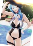  1girl absurdres aqua_hair arm_up asymmetrical_hair bangs blurry blurry_background breasts day eula_(genshin_impact) genshin_impact hair_between_eyes hand_on_hip highres huge_filesize kkopoli large_breasts one-piece_swimsuit outdoors parted_lips pool solo swimsuit twitter_username violet_eyes water 