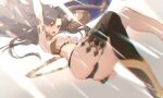  1girl arm_up armpits black_hair black_legwear bsq commentary_request fate/grand_order fate_(series) gradient gradient_background grey_background highres ishtar_(fate) ishtar_(fate)_(all) legs long_hair open_mouth red_eyes single_thighhigh solo spread_legs thigh-highs 