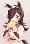  1girl animal_ears bangs black_hair blush brown_background brown_dress brown_ribbon butter commentary_request cowboy_shot dress ear_wiggle eating food food_in_mouth hair_over_one_eye hair_ribbon hazuki_(sutasuta) highres holding holding_food horse_ears horse_girl horse_tail long_hair long_sleeves looking_at_viewer musical_note ribbon rice_shower_(umamusume) solo spoken_musical_note tail tail_wagging toast umamusume violet_eyes 