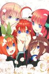  5girls :d ahoge bangs black_ribbon blue_eyes blunt_bangs blush brown_hair cardigan closed_mouth earrings fingernails flower go-toubun_no_hanayome green_hairband hair_between_eyes hair_ornament hair_ribbon hairband hand_on_another&#039;s_head hands_on_another&#039;s_cheeks hands_on_another&#039;s_face haruba_negi headphones headphones_around_neck highres jewelry long_bangs long_hair long_sleeves looking_at_another looking_at_viewer multiple_girls nakano_ichika nakano_itsuki nakano_miku nakano_nino nakano_yotsuba official_art open_mouth orange_hair petals pink_hair redhead ribbon rose shirt short_hair siblings sidelocks simple_background sisters smile star_(symbol) star_hair_ornament white_background white_flower white_rose 