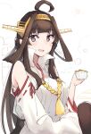  1girl absurdres ahoge bare_shoulders blush brown_hair cup detached_sleeves double_bun eyebrows_visible_through_hair hairband headgear highres holding holding_cup japanese_clothes kantai_collection kongou_(kancolle) long_hair ma_rukan nontraditional_miko open_mouth ribbon-trimmed_sleeves ribbon_trim signature smile solo violet_eyes wide_sleeves 