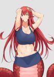  absurdres arms_behind_head breasts commission commissioner_upload hair_ornament head_tilt highres lamia large_breasts long_hair looking_at_viewer miia_(monster_musume) miniskirt monster_girl monster_musume_no_iru_nichijou pointy_ears redhead scales sketch skirt smile sports_bra stomach stormcow sweat wide_hips yellow_eyes 