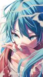  1girl absurdres bangs blue_eyes blue_hair blue_nails close-up covering_mouth earrings face hair_between_eyes hand_over_own_mouth hatsune_miku highres jacket jewelry long_hair looking_to_the_side red_jacket shirt shun&#039;ya_(daisharin36) solo suna_no_wakusei_(vocaloid) vocaloid white_shirt 
