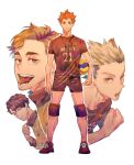  4boys absurdres bakugou_katsuki ball bangs brown_hair clenched_hand haikyuu!! highres hinata_shouyou holding holding_ball looking_at_viewer male_focus miya_atsumu multiple_boys older open_mouth orange_hair outline sakusa_kiyoomi shiraumi8351 shoes simple_background smile sneakers sportswear standing teeth tongue tongue_out volleyball_uniform 