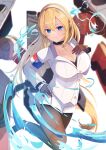  1girl armband azur_lane black_gloves blonde_hair blue_eyes breasts cannon choker cowboy_shot cross cross_choker cross_necklace gloves hair_between_eyes hairband half_gloves hand_on_hip hand_on_own_chest hane_(feathe02) high_heels highres jewelry large_breasts machinery military_jacket miniskirt necklace north_carolina_(azur_lane) pantyhose pencil_skirt rigging skirt smokestack solo standing standing_on_one_leg turret white_footwear white_hairband white_skirt 