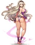  1girl absurdres ass bangs bare_shoulders blush breasts closed_mouth commentary corrin_(fire_emblem) corrin_(fire_emblem)_(female) cosplay fingernails fire_emblem fire_emblem_fates full_body gloves gurimjang hairband highleg highleg_leotard highres large_breasts leotard lips looking_at_viewer looking_back marvel red_eyes she-hulk she-hulk_(cosplay) shiny shiny_clothes shiny_hair shiny_skin sideboob silver_hair smile solo standing super_smash_bros. thighs turtleneck 