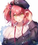  1girl :o beret black_headwear black_jacket collared_shirt girls_frontline hat headphones jacket long_sleeves looking_at_viewer moa_(21energy12) mp7_(girls_frontline) open_mouth redhead shirt side_ponytail simple_background solo undone_necktie upper_body white_background white_shirt yellow_eyes 