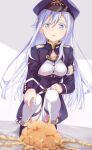  1girl 86_-eightysix- absurdres bangs blue_eyes breasts commentary_request food hat highres long_hair long_sleeves military military_hat military_uniform pizza_(artist) sidelocks small_breasts solo squatting thigh-highs uniform vladilena_millize white_hair white_legwear 