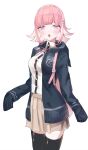  1girl :o backpack bag bangs bbci black_jacket black_legwear black_shirt blush breasts collared_shirt cowboy_shot dangan_ronpa_(series) dangan_ronpa_2:_goodbye_despair dress_shirt eyebrows_visible_through_hair flipped_hair hair_ornament hairclip highres hood hooded_jacket jacket light_brown_hair long_sleeves looking_at_viewer medium_breasts medium_hair miniskirt nanami_chiaki neck_ribbon open_mouth pink_eyes pink_ribbon pleated_skirt ribbon shiny shiny_hair shirt shirt_tucked_in simple_background skirt sleeves_past_fingers sleeves_past_wrists solo thigh-highs upper_teeth white_background white_shirt zettai_ryouiki 