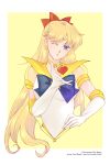  1girl artist_name bishoujo_senshi_sailor_moon blonde_hair blue_eyes blue_neckwear border bow choker circlet cropped_torso earrings elbow_gloves gloves hair_bow hand_on_hip head_tilt heart highres jewelry koya long_hair looking_at_viewer one_eye_closed outside_border parted_lips red_bow sailor_collar sailor_senshi_uniform sailor_venus shiny shiny_hair solo star_(symbol) star_choker star_earrings upper_body very_long_hair watermark web_address white_border white_gloves yellow_background yellow_choker yellow_sailor_collar 