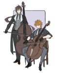  2boys alternate_costume bangs black_footwear black_gloves black_jacket black_shirt blue_eyes bow_(instrument) brown_hair cello chair closed_mouth double_bass formal genshin_impact gloves hair_between_eyes highres holding holding_instrument instrument jacket jennygin2 jewelry long_hair long_sleeves male_focus multiple_boys necktie one_eye_closed orange_hair pants ponytail shirt simple_background single_earring sitting standing suit tartaglia_(genshin_impact) two-tone_background white_neckwear zhongli_(genshin_impact) 