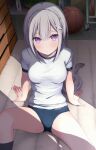  1girl alternate_costume bangs basketball black_legwear blue_buruma blush braid breasts buruma closed_mouth commentary_request echiru39 emilia_(re:zero) eyebrows_visible_through_hair gym_shirt gym_storeroom highres kneehighs long_hair looking_at_viewer medium_breasts re:zero_kara_hajimeru_isekai_seikatsu shirt short_hair short_sleeves silver_hair sitting solo spread_legs very_long_hair violet_eyes white_shirt 