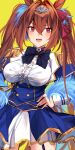  1girl :d animal_ears black_bow black_neckwear blue_corset blue_feathers blue_garter_straps blue_jacket blue_skirt blush bow bowtie breasts brown_hair commentary_request daiwa_scarlet_(umamusume) epaulettes eyebrows_visible_through_hair fang hair_between_eyes hair_bow hand_on_hip highres horse_ears horse_girl jacket large_breasts long_hair looking_at_viewer miyasaka_miyabi open_mouth red_bow red_eyes shirt skirt smile solo tiara twintails umamusume very_long_hair white_shirt yellow_background 