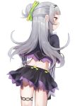  1girl black_skirt brown_eyes closed_mouth from_behind hair_bun hairband hololive long_hair looking_to_the_side midriff murasaki_shion silver_hair simple_background skirt smile solo syhan thighs virtual_youtuber white_background 