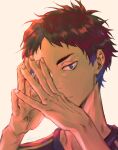  1boy akaashi_keiji bangs black_hair blue_eyes covered_face fingers_together haikyuu!! highres looking_at_viewer male_focus shiraumi8351 short_hair simple_background solo 