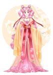  1girl bishoujo_senshi_sailor_moon chibi_usa chinese_clothes closed_mouth double_bun dress full_body hair_intakes highres koya long_dress long_hair long_sleeves looking_to_the_side older pink_hair red_eyes red_ribbon ribbon shiny shiny_hair smile solo standing very_long_hair white_background wide_sleeves 
