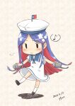  1girl absurdres artist_name blue_hair blue_sailor_collar chibi cosplay dated depth_charge dress eighth_note fairy_(kancolle) flag full_body fyuo hat hiburi_(kancolle) hiburi_(kancolle)_(cosplay) highres kantai_collection long_hair multicolored_hair musical_note redhead sailor_collar sailor_dress sailor_hat short_sleeves solo south_dakota_(kancolle) spoken_musical_note standing star_(symbol) white_dress white_hair white_headwear 