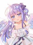  1girl :d ahoge angel_wings arms_behind_back azur_lane bangs collarbone commentary_request dress eyebrows_visible_through_hair fang_huu_(funfox) hair_bun long_hair looking_at_viewer one_side_up open_mouth purple_hair side_bun sidelocks simple_background smile solo unicorn_(azur_lane) violet_eyes white_background white_dress wings 